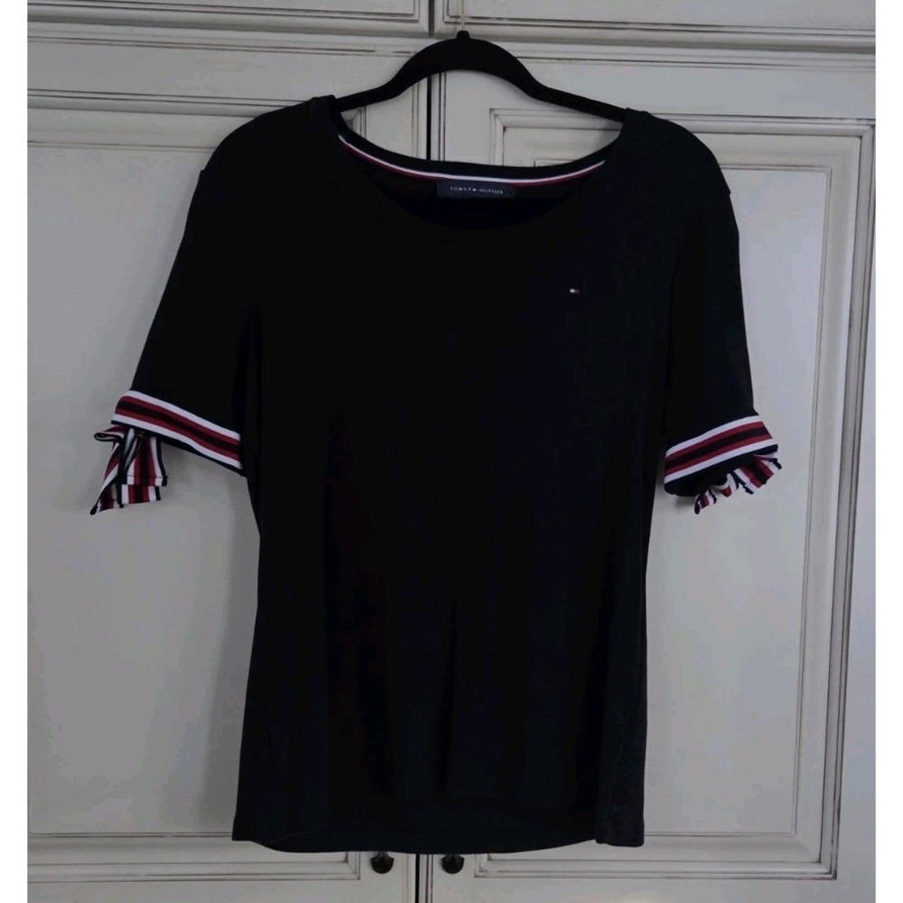 Tommy Hilfiger Ribbon Sleeves Top Women's Med Large Navy Blue Nautical Bow Fem